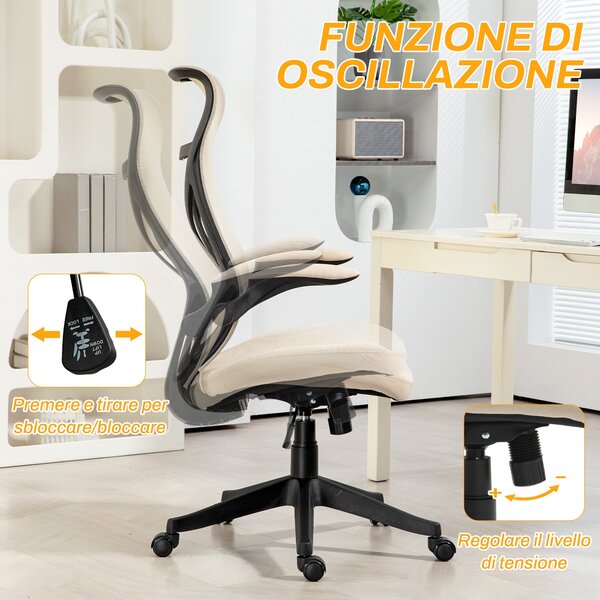 Ergonomická kancelářská židle HOMCOM s výsuvnými područkami, otočná židle s opěrkou hlavy, nastavitelná výška a funkce houpání, síťovina, pro studium