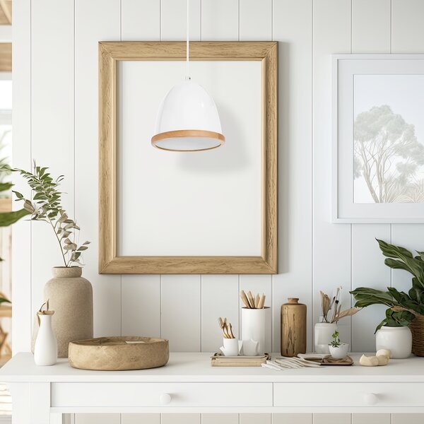Závěsné svítidlo Studio, 1x dřevěné/bílé kovové stínítko, (fi 21cm), w/br
