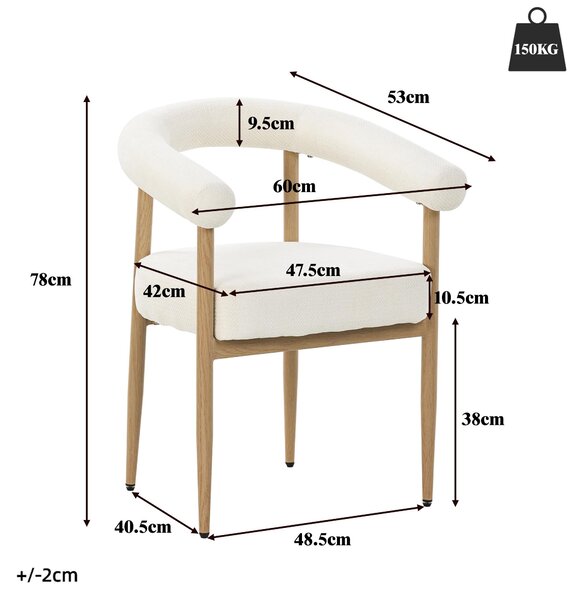 Sada 6 jídelních židlí Flieks s pohodlným čalouněním, pohodlné křeslo se stabilní kovovou konstrukcí, kuchyňské židle 48,5 x 40,5 x 78 cm, bílá