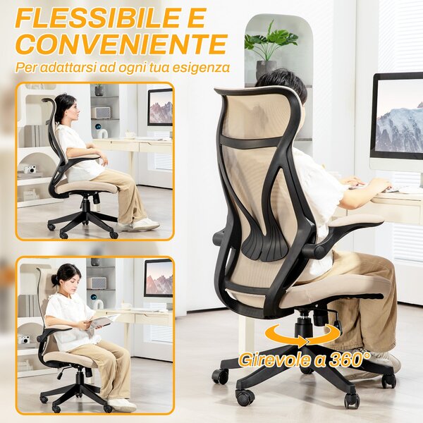 Ergonomická kancelářská židle HOMCOM s výsuvnými područkami, otočná židle s opěrkou hlavy, nastavitelná výška a funkce houpání, síťovina, pro studium