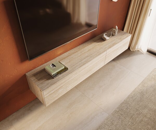 DELIFE TV stolek Cuor 220 cm keramika Laminam® Travertino Bianco krémově bílá 1 výklopná dvířka 2 zásuvky závěsný