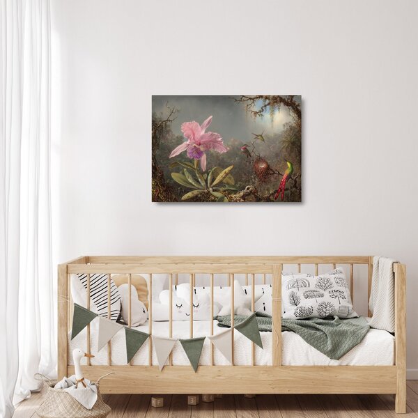 Skleněný obraz - Martin Johnson Heade, Cattleya Orchid and Three Hummingbirds, reprodukce (70x50 cm)