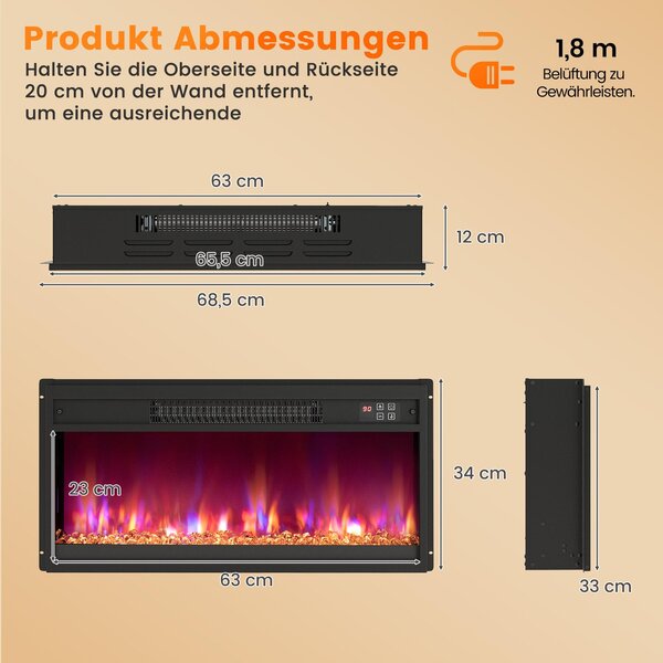 COSTWAY elektrický krb 1500W s ohřevem, 17-32℃ termostat vestavěný krb nástěnný krb s dálkovým ovládáním, časovač, nastavitelný 3D efekt plamene 68,3x11,7x34cm