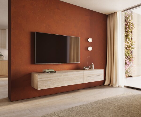 DELIFE TV stolek Cuor 220 cm keramika Laminam® Travertino Bianco krémově bílá 1 výklopná dvířka 2 zásuvky závěsný