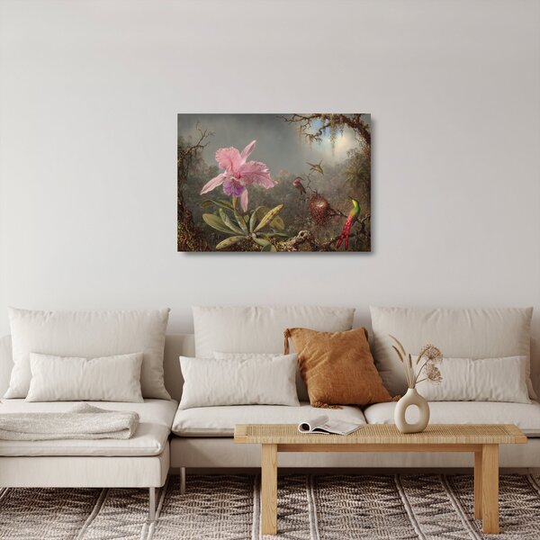 Skleněný obraz - Martin Johnson Heade, Cattleya Orchid and Three Hummingbirds, reprodukce (70x50 cm)