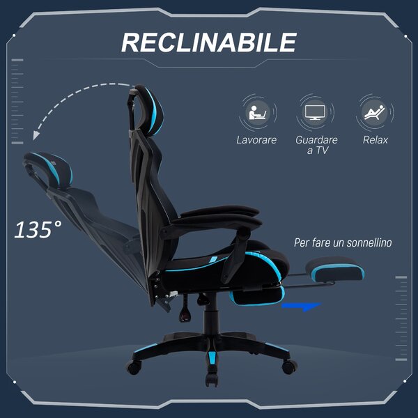 Herní židle Vinsetto s bederní opěrkou, ergonomická kancelářská židle s nastavitelnou výškou v černé a modré látce, 65x65x119-129cm | Aosom