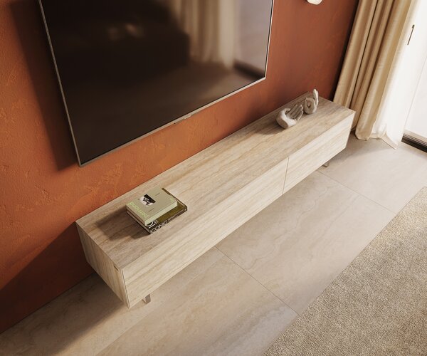 DELIFE TV stolek Cuor 220 cm keramika Laminam® Travertino Bianco krémově bílá 1 výklopná dvířka 2 zásuvky podnož závěsná akrylglas