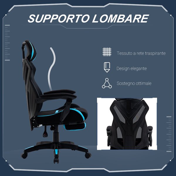Herní židle Vinsetto s bederní opěrkou, ergonomická kancelářská židle s nastavitelnou výškou v černé a modré látce, 65x65x119-129cm | Aosom