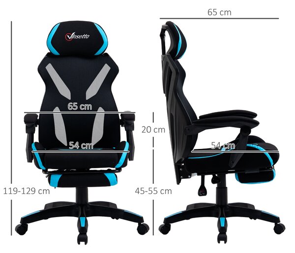 Herní židle Vinsetto s bederní opěrkou, ergonomická kancelářská židle s nastavitelnou výškou v černé a modré látce, 65x65x119-129cm | Aosom