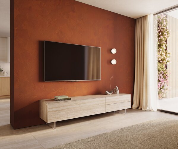 DELIFE TV stolek Cuor 220 cm keramika Laminam® Travertino Bianco krémově bílá 1 výklopná dvířka 2 zásuvky podnož závěsná akrylglas