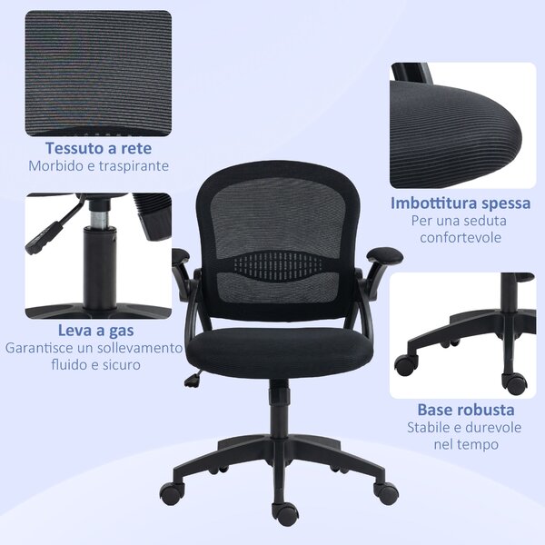 Ergonomická kancelářská židle Vinsetto s prodyšným opěradlem a měkkým sedákem, nastavitelná výška, 65,5x61,5x88-97,5 cm, černá | Aosom