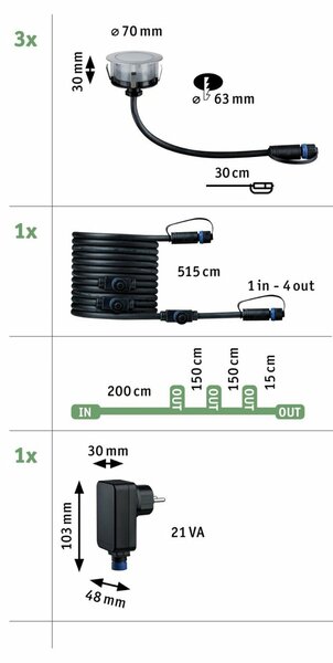 PAULMANN Plug & Shine LED zemní svítidlo Floor základní sada neláká hmyz IP67 2200K 3x2W 21VA stříbrná