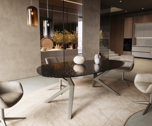 DELIFE Jídelní stůl Edge oválný 220x120 reliéfní sklo kouřově černá 3D design Zenthara hranatý kov titanová barva
