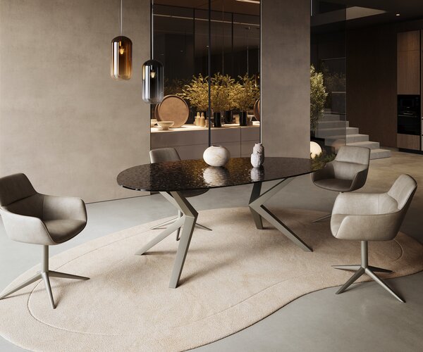 DELIFE Jídelní stůl Edge oválný 220x120 reliéfní sklo kouřově černá 3D design Zenthara hranatý kov titanová barva