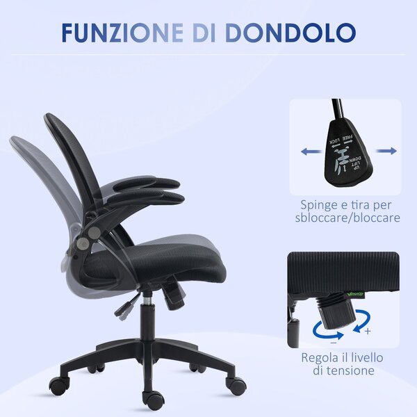 Ergonomická kancelářská židle Vinsetto s prodyšným opěradlem a měkkým sedákem, nastavitelná výška, 65,5x61,5x88-97,5 cm, černá | Aosom