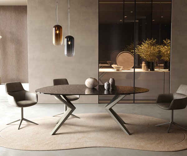 DELIFE Jídelní stůl Edge oválný 220x120 reliéfní sklo kouřově černá 3D design Zenthara hranatý kov titanová barva