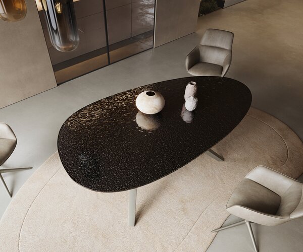 DELIFE Jídelní stůl Edge oválný 220x120 reliéfní sklo kouřově černá 3D design Zenthara hranatý kov titanová barva