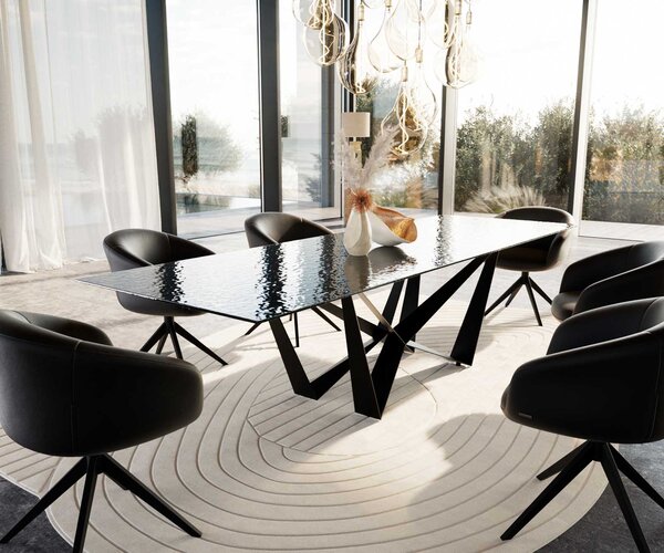 DELIFE Jídelní stůl Edge 300x100 sklo s reliéfem kouřově černé 3D design Spider plochá ocel černá