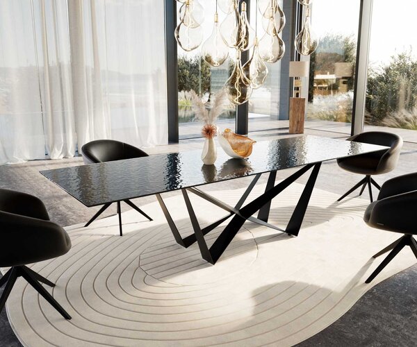 DELIFE Jídelní stůl Edge 300x100 sklo s reliéfem kouřově černé 3D design Spider plochá ocel černá