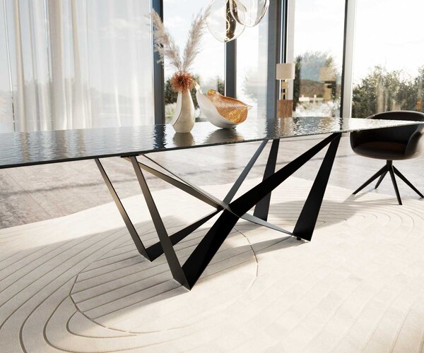 DELIFE Jídelní stůl Edge 300x100 sklo s reliéfem kouřově černé 3D design Spider plochá ocel černá