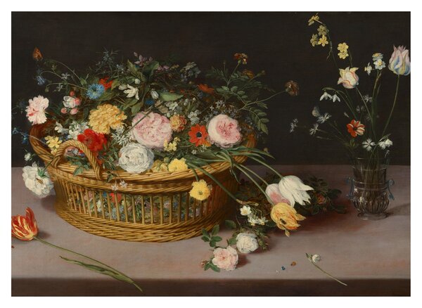 Skleněný obraz - Jan Brueghel the Elder, Flowers in a Basket and a Vase, reprodukce (70x50 cm)