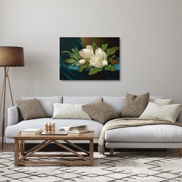 Skleněný obraz - Martin Johnson Heade, Giant Magnolias on a Blue Velvet Cloth, reprodukce (70x50 cm)