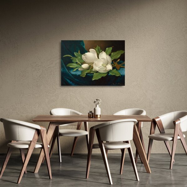 Skleněný obraz - Martin Johnson Heade, Giant Magnolias on a Blue Velvet Cloth, reprodukce (70x50 cm)