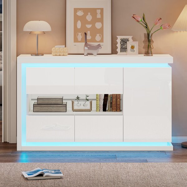 Sweiko 140x40x84cm skříňka do obývacího pokoje,Moderní komoda se 4 přihrádkami, šířka 140 cm,Boční skříňka s LED světelným páskem,Příborník ve vysokém lesku s dvířky z tvrzeného skla,Vhodný do předsíně, obývacího pokoje, kanceláře