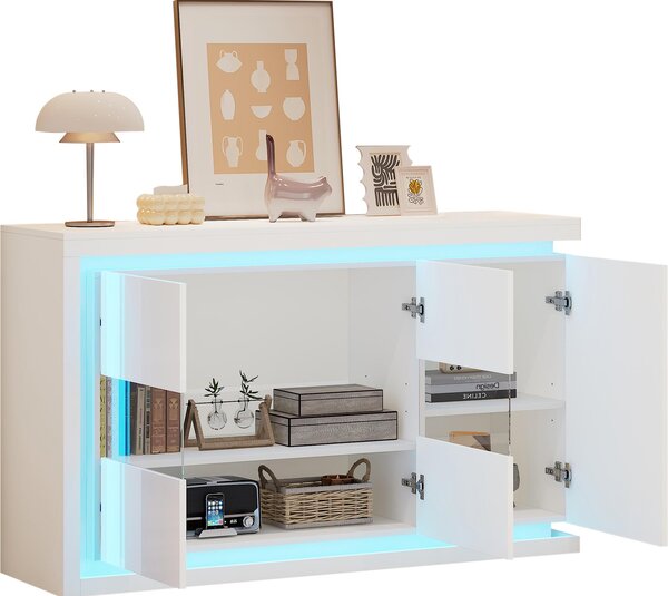 Sweiko 140x40x84cm skříňka do obývacího pokoje,Moderní komoda se 4 přihrádkami, šířka 140 cm,Boční skříňka s LED světelným páskem,Příborník ve vysokém lesku s dvířky z tvrzeného skla,Vhodný do předsíně, obývacího pokoje, kanceláře