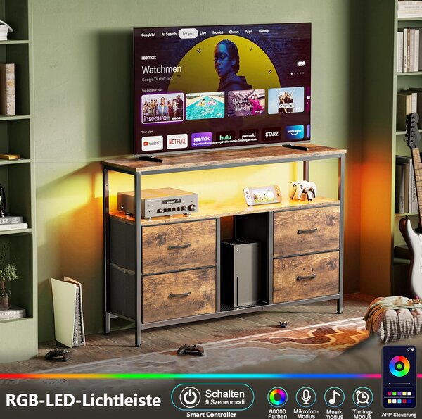 Multifunkční nábytek komoda, TV komoda v barevné paletě tygří kůže se 4 látkovými zásuvkami z tygří kůže, LED osvětlení, úložný toaletní stolek a úložná kuchyňská skříňka, 137 cm