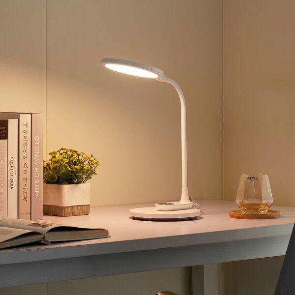 Lindby Stolní lampa LED Valtaria, bílá, stmívatelná, stmívatelný, Bílá / opál, Pracovna / kancelář, Plast, Moderní