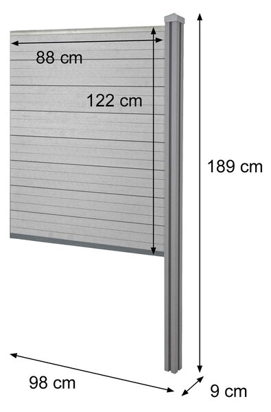 WPC zástěna Sarthe, větrný plot, WPC sloupky pro zabudování do betonu Prodlužovací prvek úzký, 98 cm šedý