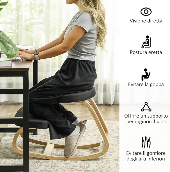 HOMCOM Ergonomická houpací kolenící židle v lněné efekt tkanině a březovém dřevě, 50x73x55 cm, Černá | Aosom