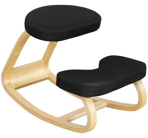 HOMCOM Ergonomická houpací kolenící židle v lněné efekt tkanině a březovém dřevě, 50x73x55 cm, Černá | Aosom