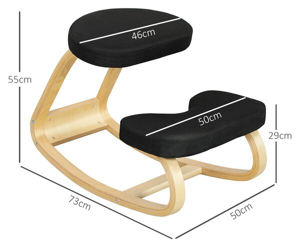 HOMCOM Ergonomická houpací kolenící židle v lněné efekt tkanině a březovém dřevě, 50x73x55 cm, Černá | Aosom