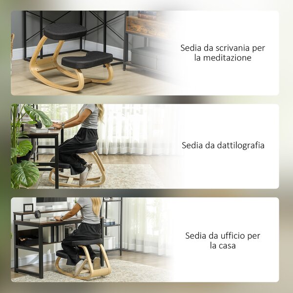 HOMCOM Ergonomická houpací kolenící židle v lněné efekt tkanině a březovém dřevě, 50x73x55 cm, Černá | Aosom