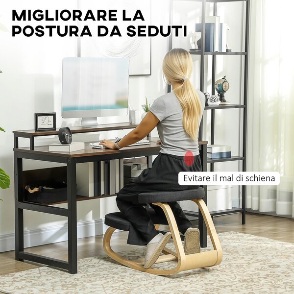 HOMCOM Ergonomická houpací kolenící židle v lněné efekt tkanině a březovém dřevě, 50x73x55 cm, Černá | Aosom