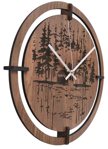 Dřevěné nástěnné hodiny - originální motiv jehličnatého lesa | RENT: HDF - Javor 30 cm 4803-115421 HDF0701-ruky-silver