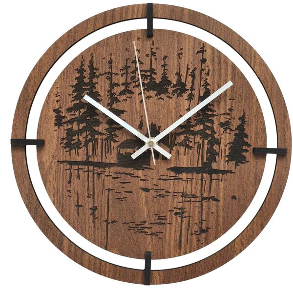 Dřevěné nástěnné hodiny - originální motiv jehličnatého lesa | RENT: HDF - Javor 30 cm 4803-115421 HDF0701-ruky-silver