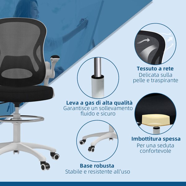 Ergonomická kancelářská židle Vinsetto z prodyšné látky s nastavitelnou výškou a sklopnými područka, 59x65x110-130 cm, bílá a černá | Aosom