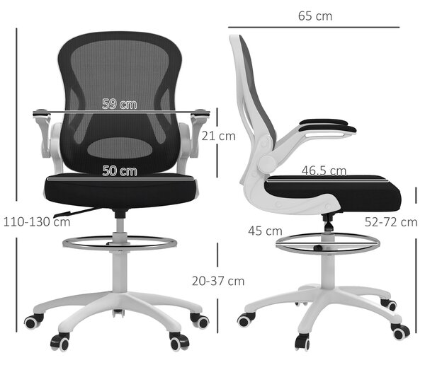 Ergonomická kancelářská židle Vinsetto z prodyšné látky s nastavitelnou výškou a sklopnými područka, 59x65x110-130 cm, bílá a černá | Aosom
