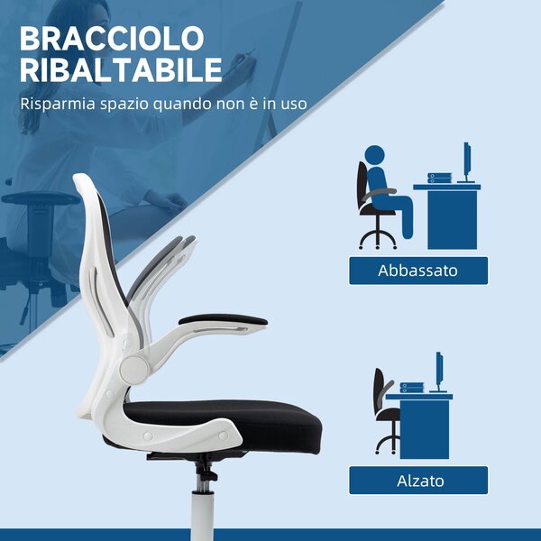 Ergonomická kancelářská židle Vinsetto z prodyšné látky s nastavitelnou výškou a sklopnými područka, 59x65x110-130 cm, bílá a černá | Aosom