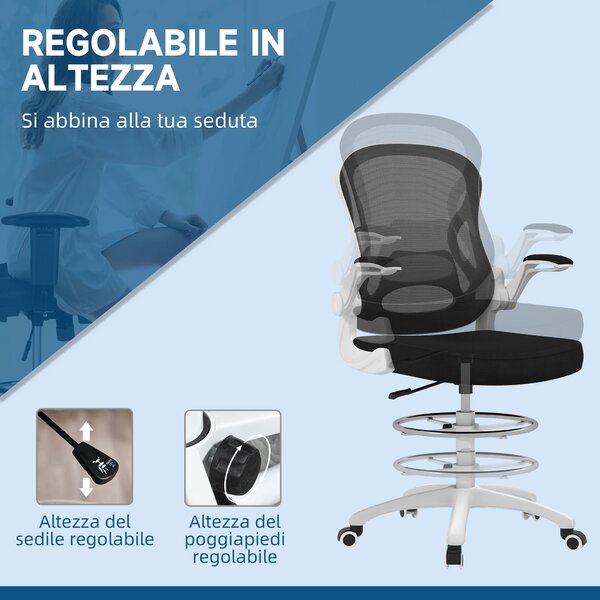 Ergonomická kancelářská židle Vinsetto z prodyšné látky s nastavitelnou výškou a sklopnými područka, 59x65x110-130 cm, bílá a černá | Aosom