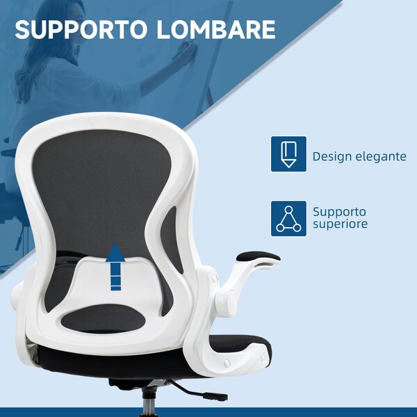 Ergonomická kancelářská židle Vinsetto z prodyšné látky s nastavitelnou výškou a sklopnými područka, 59x65x110-130 cm, bílá a černá | Aosom