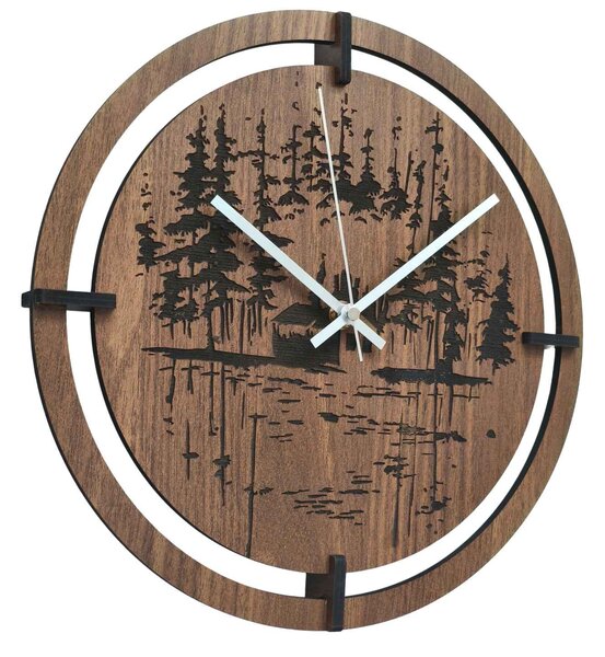 Dřevěné nástěnné hodiny - originální motiv jehličnatého lesa | RENT: HDF - Javor 30 cm 4803-115421 HDF0701-ruky-silver