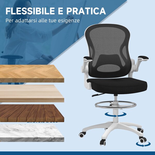Ergonomická kancelářská židle Vinsetto z prodyšné látky s nastavitelnou výškou a sklopnými područka, 59x65x110-130 cm, bílá a černá | Aosom