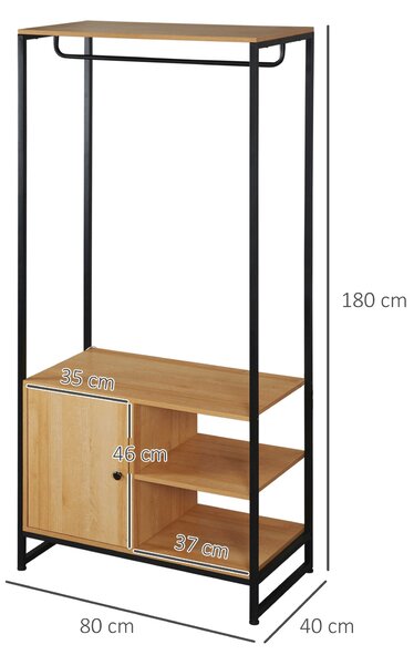 HOMCOM Stojan na oblečení se stylem průmyslového designu, skříň s vnitřní policí a 2 otevřenými bočními kompartmány, 80x40x180cm, Přírodní | Aosom