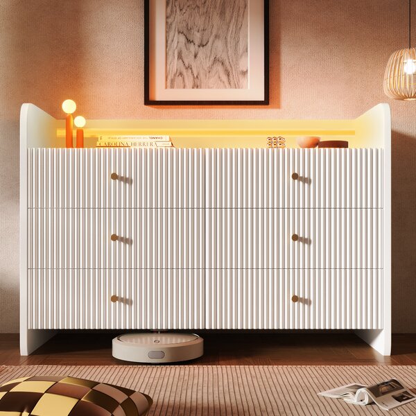 Komoda Flieks se 6 zásuvkami, skříňka do obývacího pokoje s LED diodami, úložná skříňka s designem vlny, 120x40x75 cm, bílá