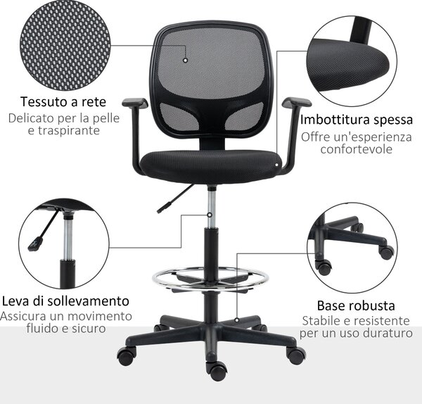 Vinsetto Nastavitelná výšková kancelářská židle s područkami, otočnými kolečky a polstrovaným sedadlem, 60x56x110-132cm, Černá | Aosom