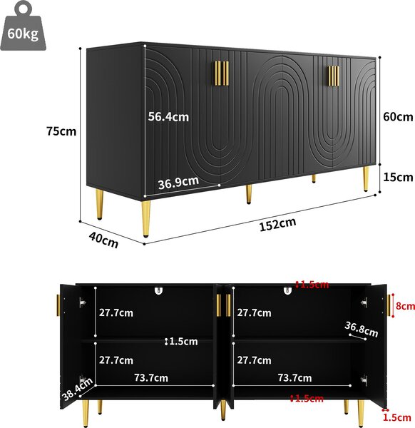 Fortuna Lai černá komoda (152 x 40 x 75 cm) s jedinečným vlnitým designem a zlatými úchytkami a nožkami, která vytvoří elegantní jídelní kout (předchozí sku: N620P17539192AAS)